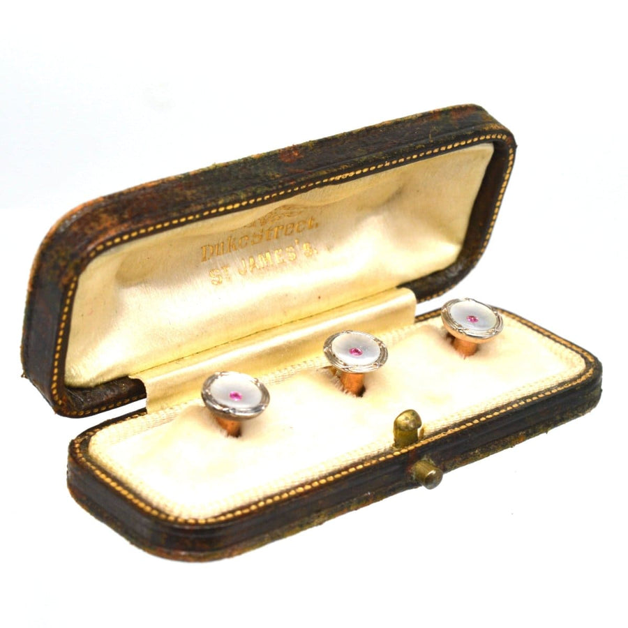 Edwardian 9ct Gold & Platinum, Mother of Pearl and Ruby Dress Studs | Parkin and Gerrish | Antique & Vintage Jewellery