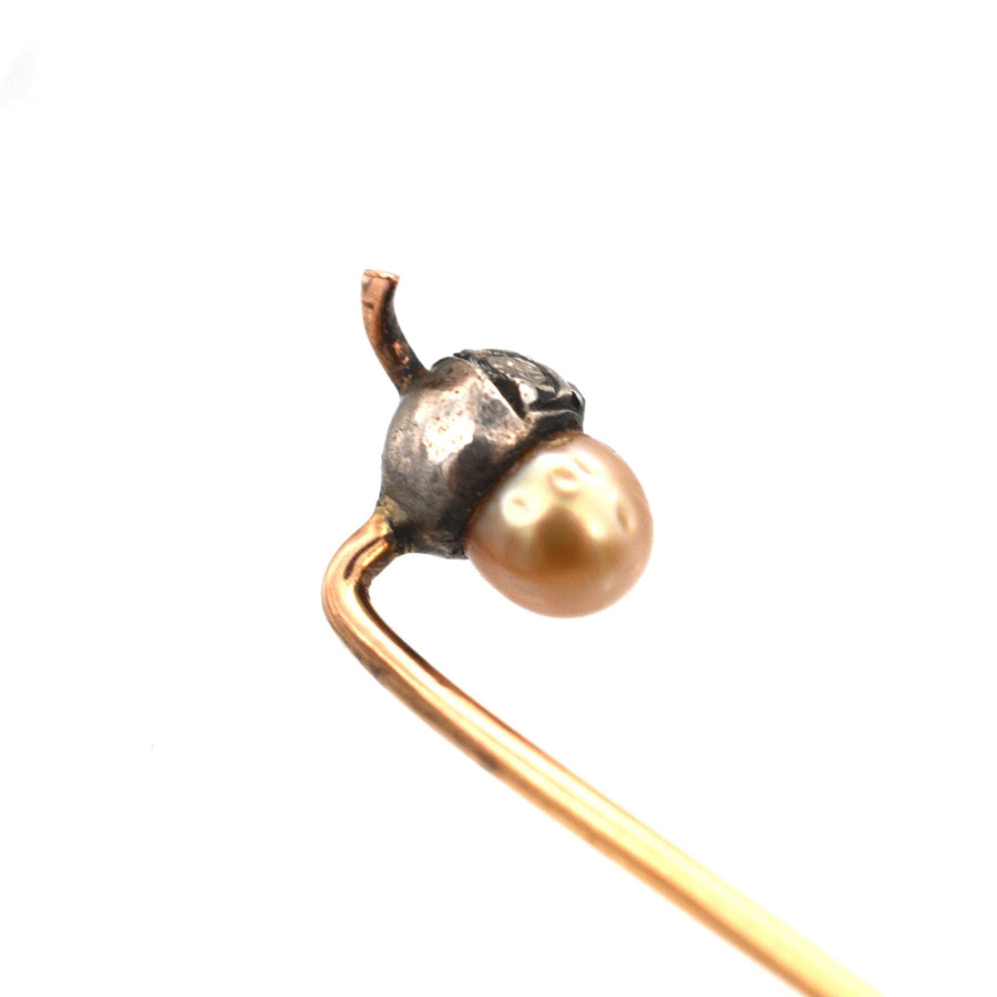 Edwardian 9ct Gold & Silver, Diamond & Natural Pearl Acorn Tie Pin | Parkin and Gerrish | Antique & Vintage Jewellery