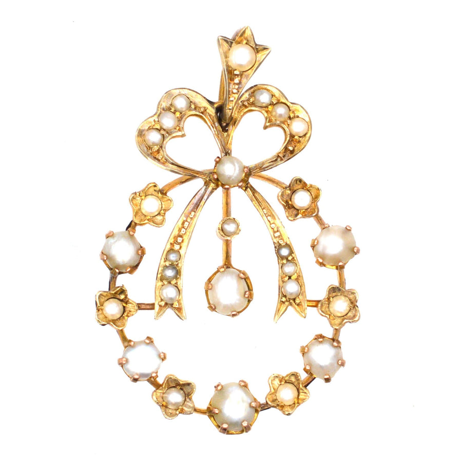 Edwardian 9ct Gold, Split Pearls Pendant with a Bow Motif | Parkin and Gerrish | Antique & Vintage Jewellery