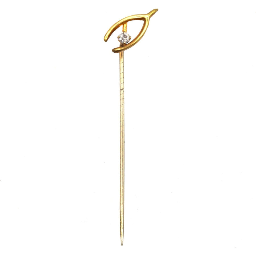 Edwardian 9ct Gold Wishbone with White Paste Pin | Parkin and Gerrish | Antique & Vintage Jewellery