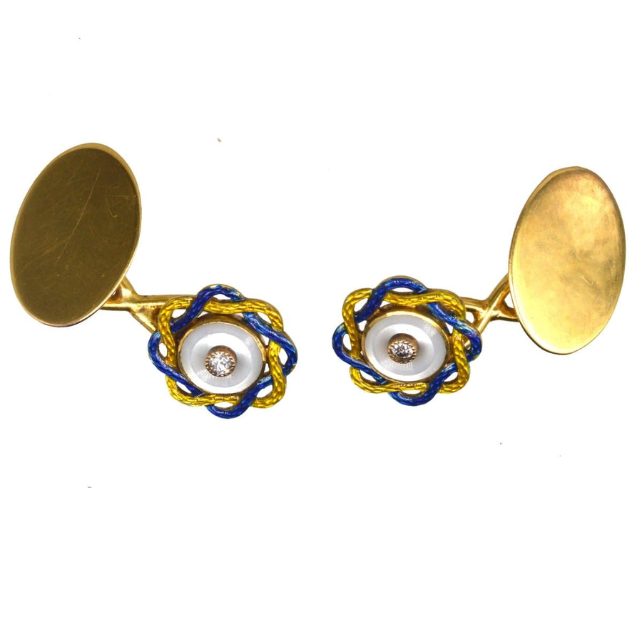 Edwardian Mother of Pearl, Diamond and Yellow and Blue Enamel Cufflinks | Parkin and Gerrish | Antique & Vintage Jewellery