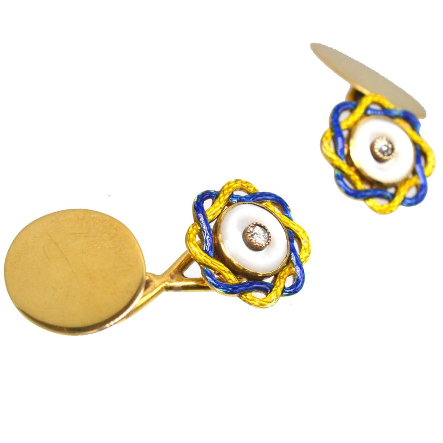 Edwardian Mother of Pearl, Diamond and Yellow and Blue Enamel Cufflinks | Parkin and Gerrish | Antique & Vintage Jewellery