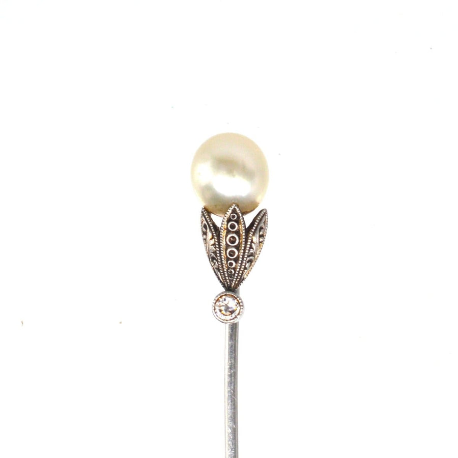 Edwardian Natural Pearl and Diamond Platinum Tie Pin | Parkin and Gerrish | Antique & Vintage Jewellery