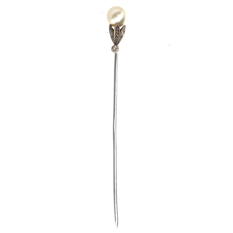 Edwardian Natural Pearl and Diamond Platinum Tie Pin | Parkin and Gerrish | Antique & Vintage Jewellery