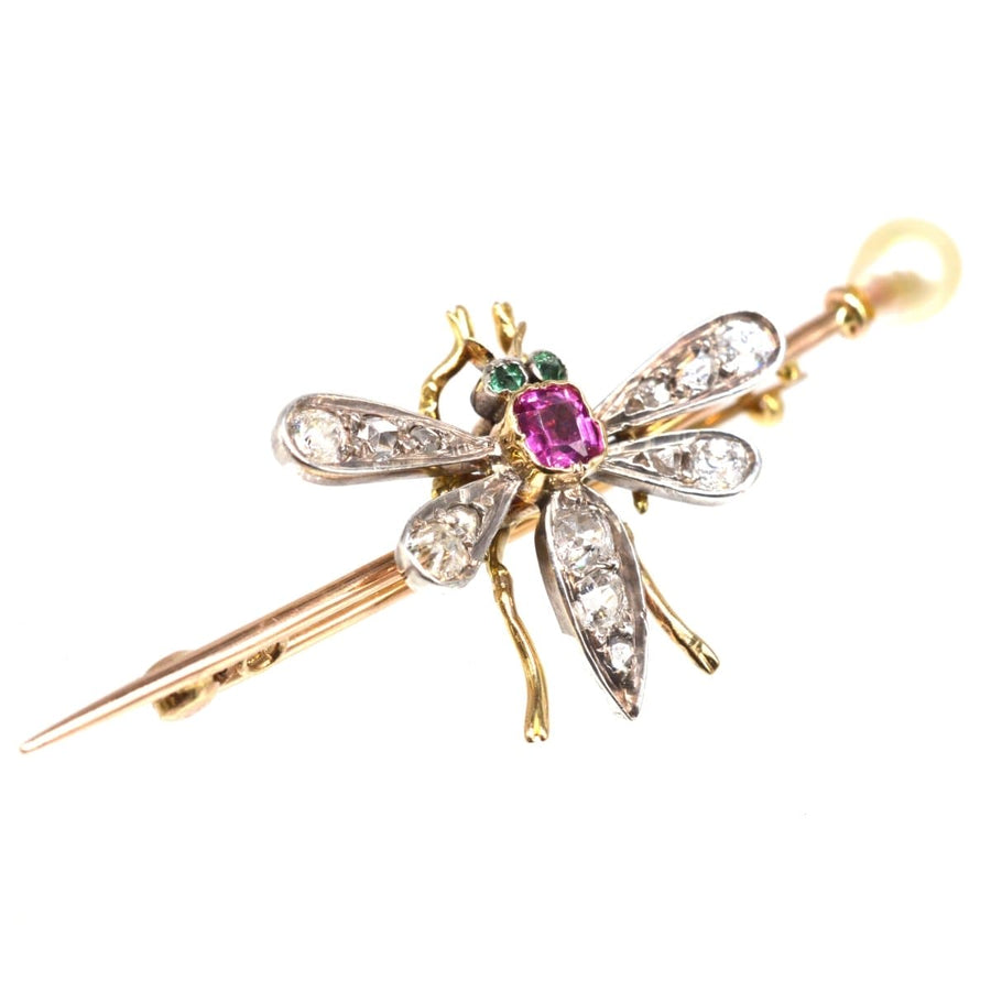 Edwardian Platinum & 18ct Gold, Pink Sapphire, Emerald, Diamond and Natural Pearl Bug brooch | Parkin and Gerrish | Antique & Vintage Jewellery