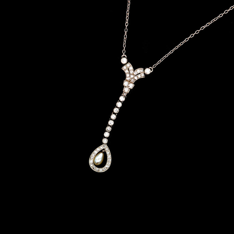 Edwardian Platinum, Diamond & Natural Pearl Drop Pendant on Platinum Chain, in Original Box by Goldsmiths & Silversmiths | Parkin and Gerrish | Antique & Vintage Jewellery