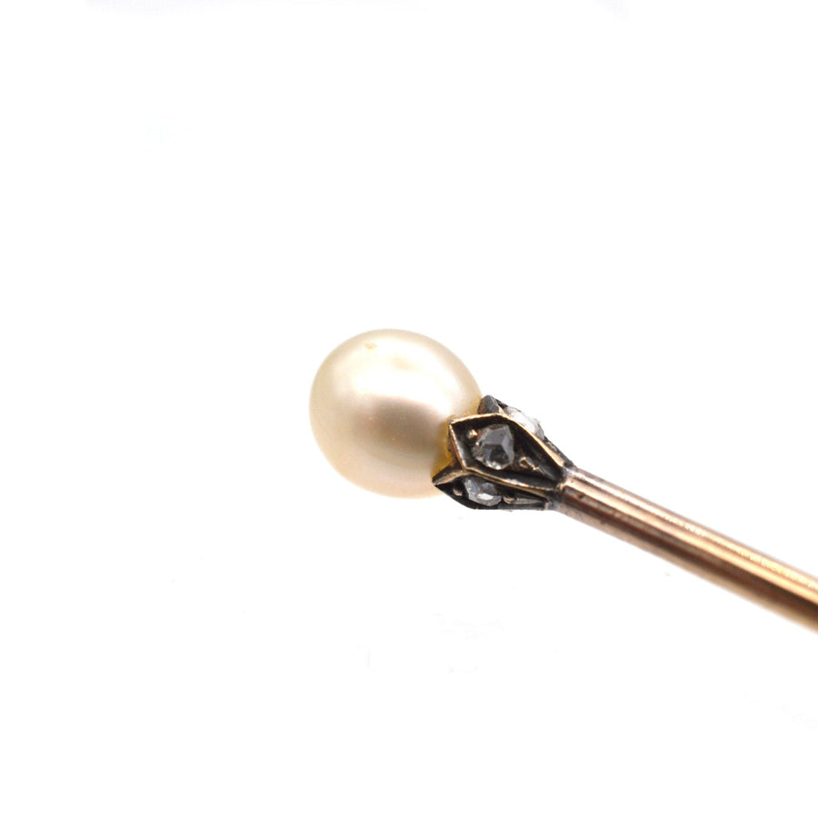 Edwardian Silver & 15ct Gold, Rose Diamond and Natural Pearl Tie Pin | Parkin and Gerrish | Antique & Vintage Jewellery