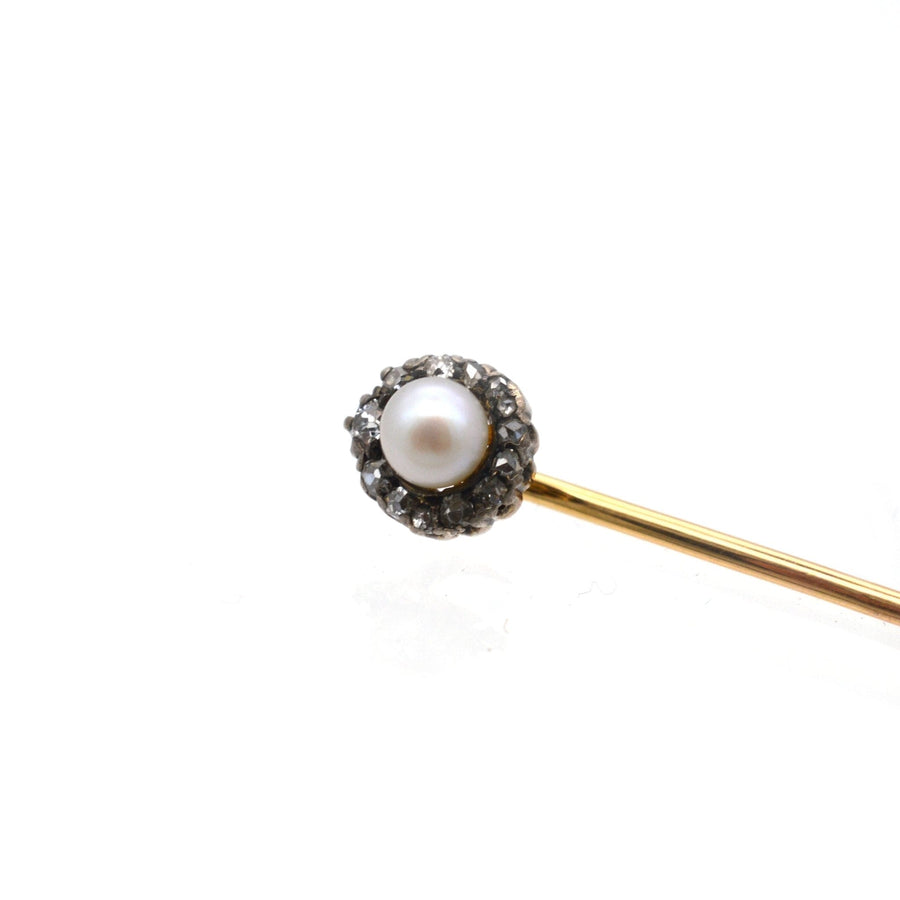 Edwardian Silver and 15ct Gold, Natural Pearl and Old Mine Cut Diamond Cluster Tie Pin | Parkin and Gerrish | Antique & Vintage Jewellery