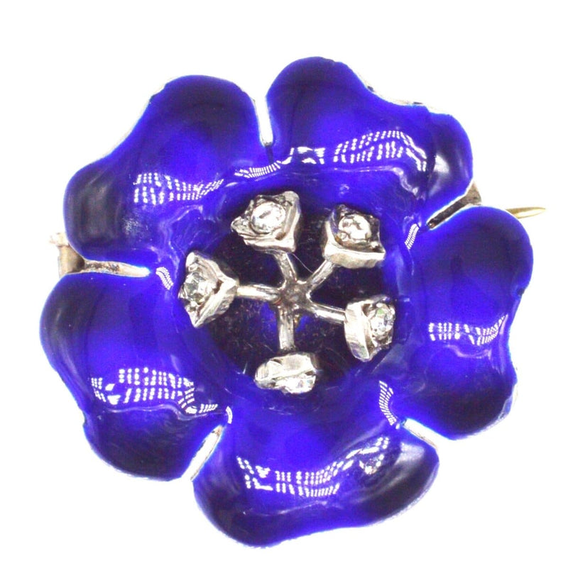 Broche fleur édouardienne en argent, émail bleu et pâte