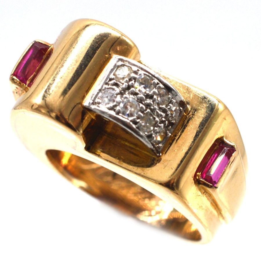 French 1940s Retro 18ct Gold & Platinum Diamond and Ruby Tank Ring | Parkin and Gerrish | Antique & Vintage Jewellery