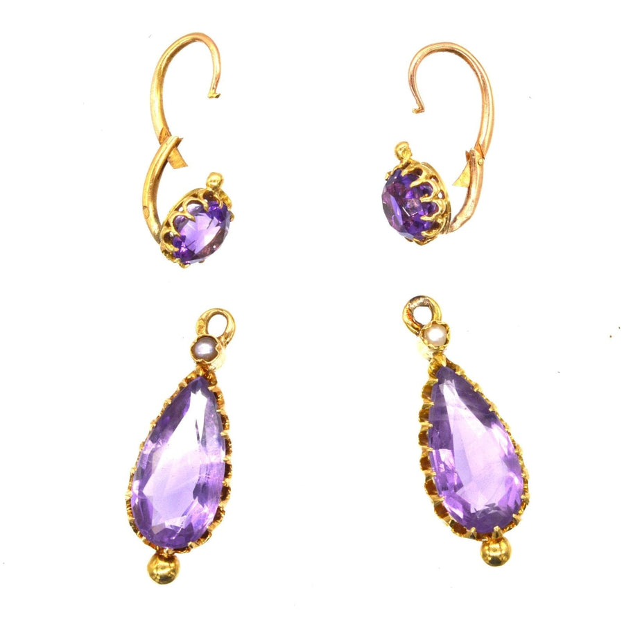French 19th Century 18ct Gold, Amethyst & Natural Split Pearl Night & Day Earrings | Parkin and Gerrish | Antique & Vintage Jewellery