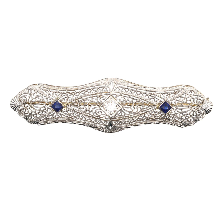 French Art Deco 14ct Gold Sapphire and Diamond Bar Brooch | Parkin and Gerrish | Antique & Vintage Jewellery