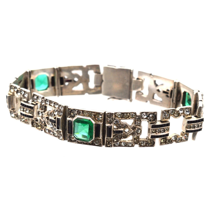 French Art Deco Lazarus Green “Emerald”, White “Diamond” and Onyx Paste Bracelet