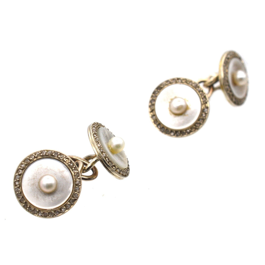 French Belle Époque 18 ct Gold, Mother of Pearl, Rose Diamond & Pearl Cufflinks | Parkin and Gerrish | Antique & Vintage Jewellery