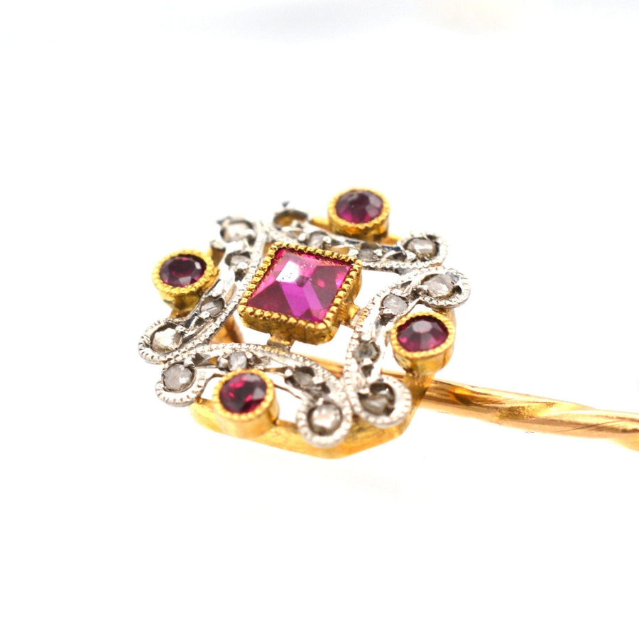 French Belle Époque 18ct Gold & Platinum Ruby & Diamond Tie Pin | Parkin and Gerrish | Antique & Vintage Jewellery