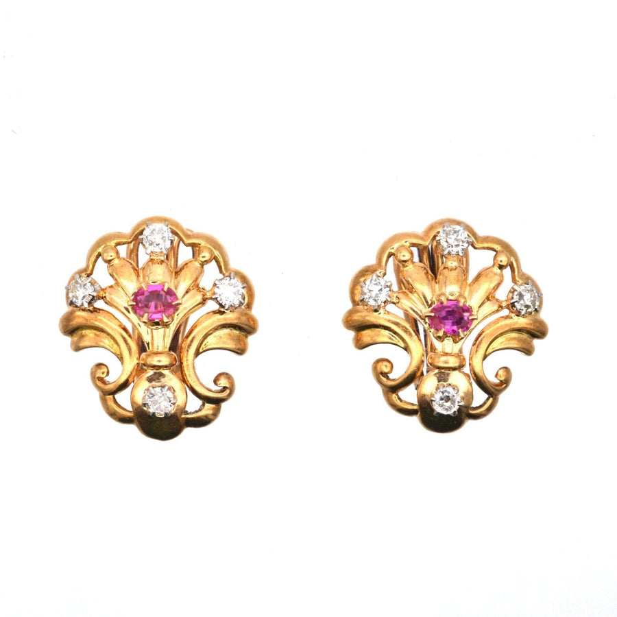 French Belle Époque 18ct Gold Ruby and Diamond Scallop Shell Clip On Earrings | Parkin and Gerrish | Antique & Vintage Jewellery