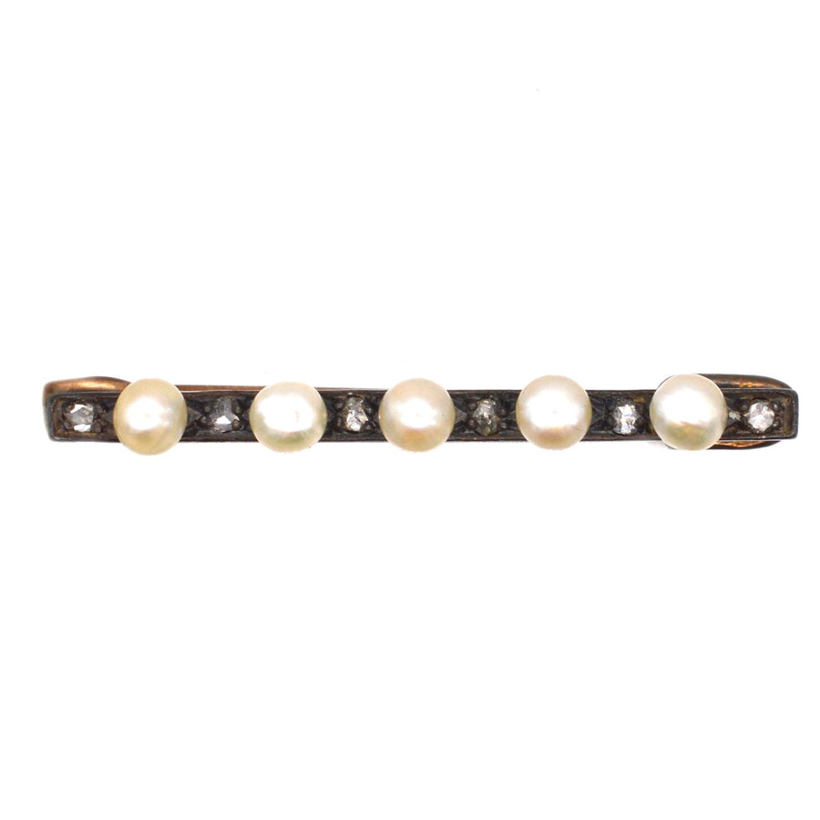French Late 19th Century 18ct Gold and Silver Rose Cut Diamond & Natural Pearl Bar Brooch | Parkin and Gerrish | Antique & Vintage Jewellery