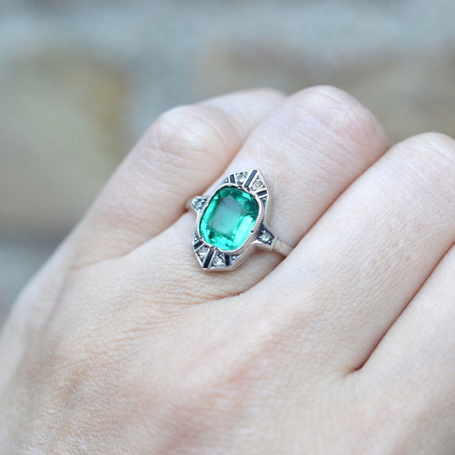 German Art Deco Silver Green 'Emerald' Paste, 'White 'Diamond' Paste & Black Enamel 'Onyx' Cocktail Ring | Parkin and Gerrish | Antique & Vintage Jewellery