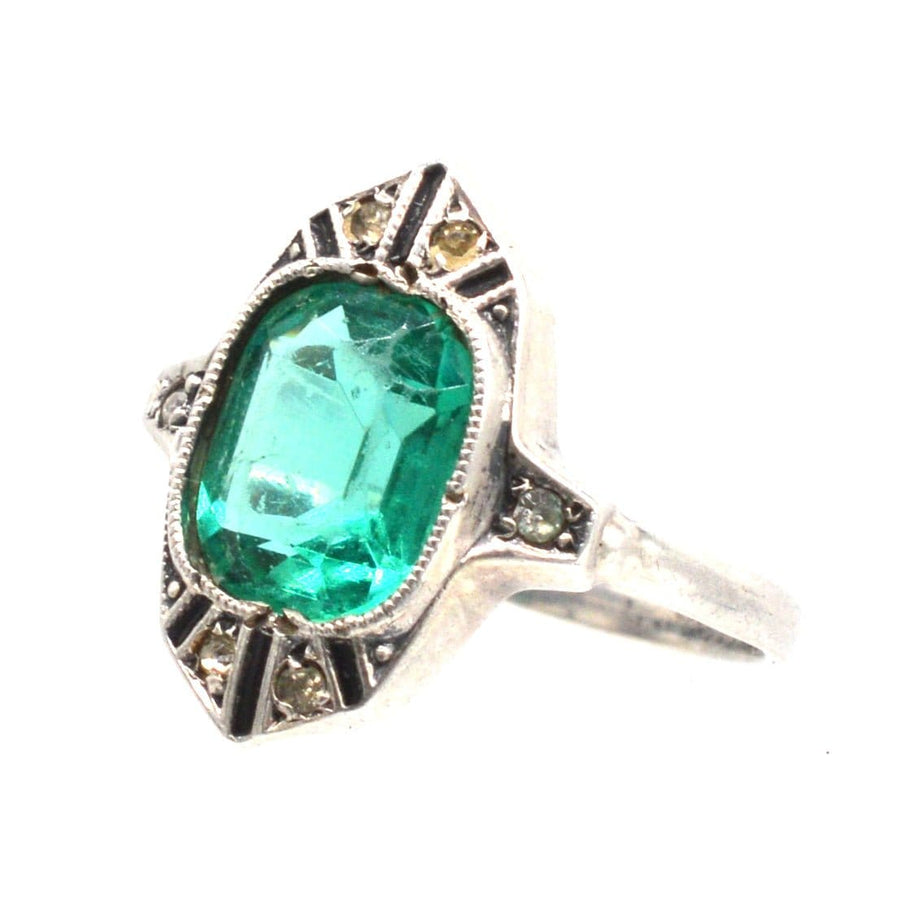 German Art Deco Silver Green 'Emerald' Paste, 'White 'Diamond' Paste & Black Enamel 'Onyx' Cocktail Ring | Parkin and Gerrish | Antique & Vintage Jewellery