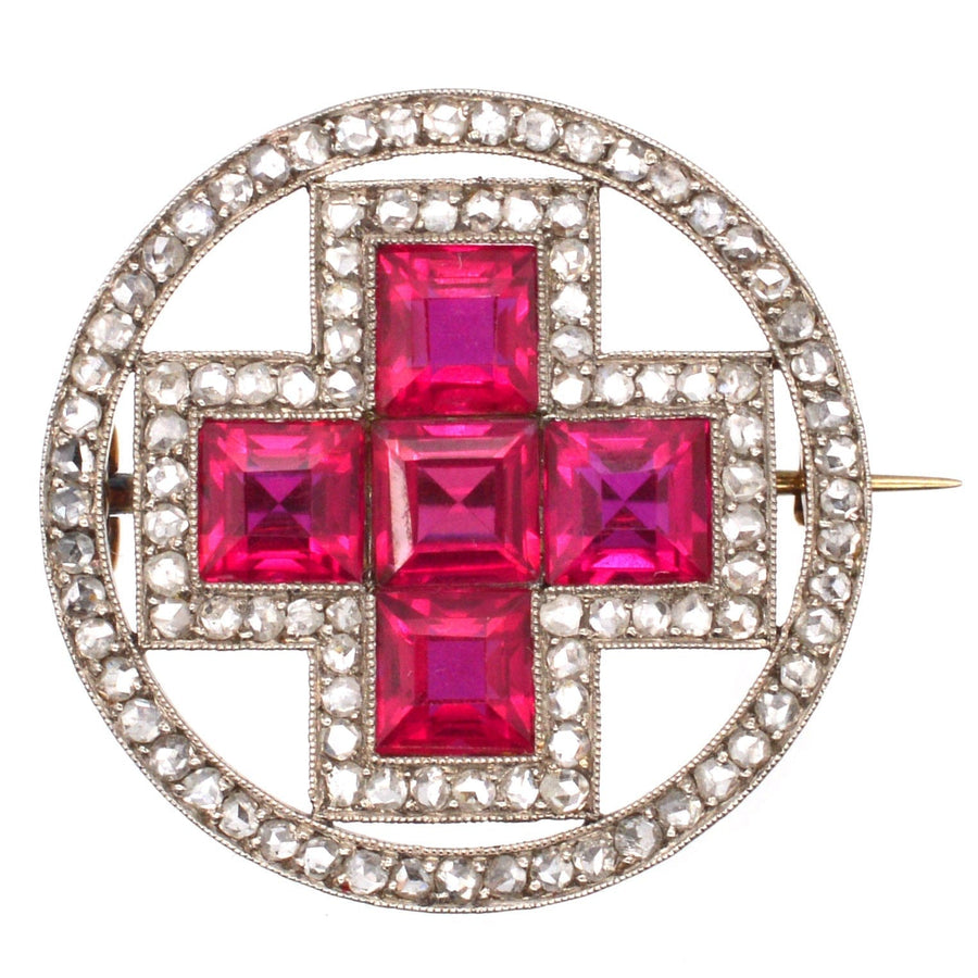 Imperial Russian 1910s 18ct Gold and Platinum, Synthetic Ruby and Rose Cut Diamond Red Russian Cross Brooch | Parkin and Gerrish | Antique & Vintage Jewellery