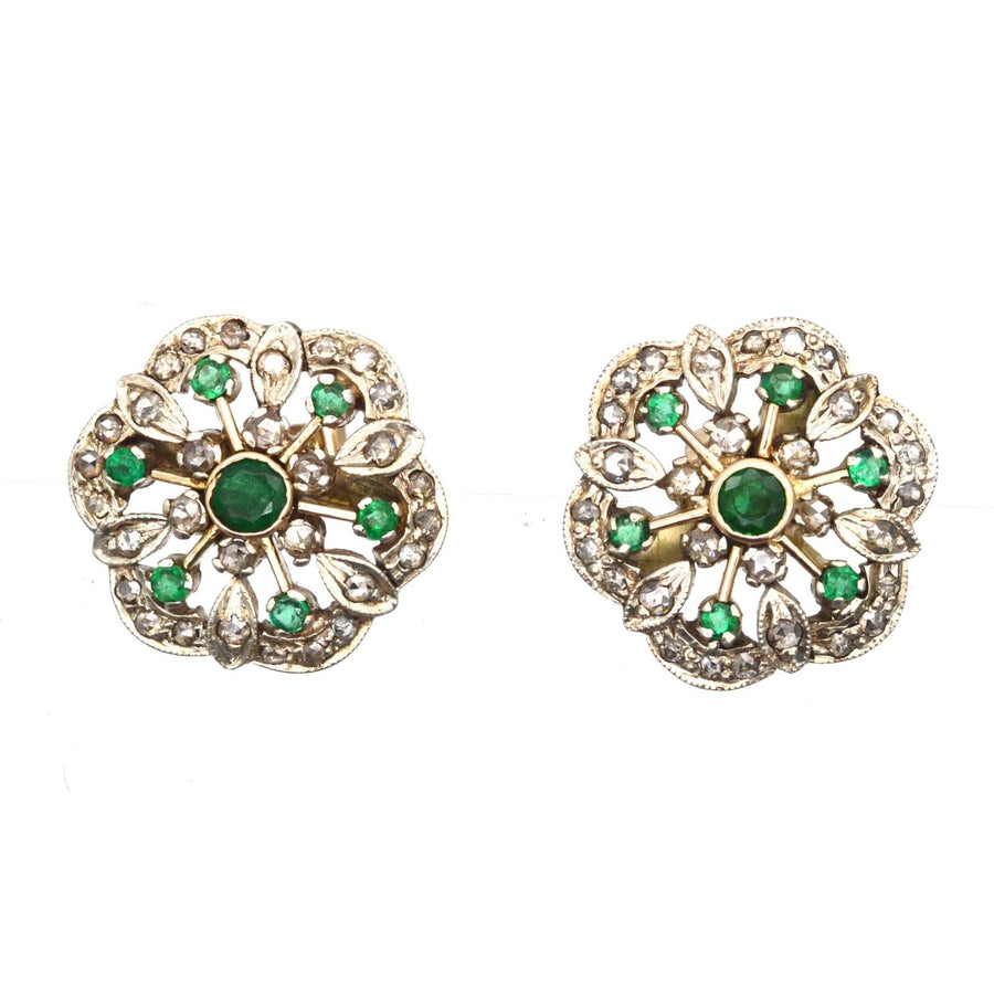Large 1950s 18ct Gold Emerald and Diamond Cluster Stud Earrings | Parkin and Gerrish | Antique & Vintage Jewellery