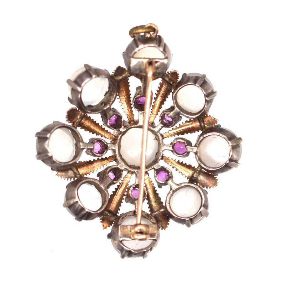 Large Arts & Crafts Silver and 9ct Gold, Moonstone and Ruby Brooch Pendant | Parkin and Gerrish | Antique & Vintage Jewellery