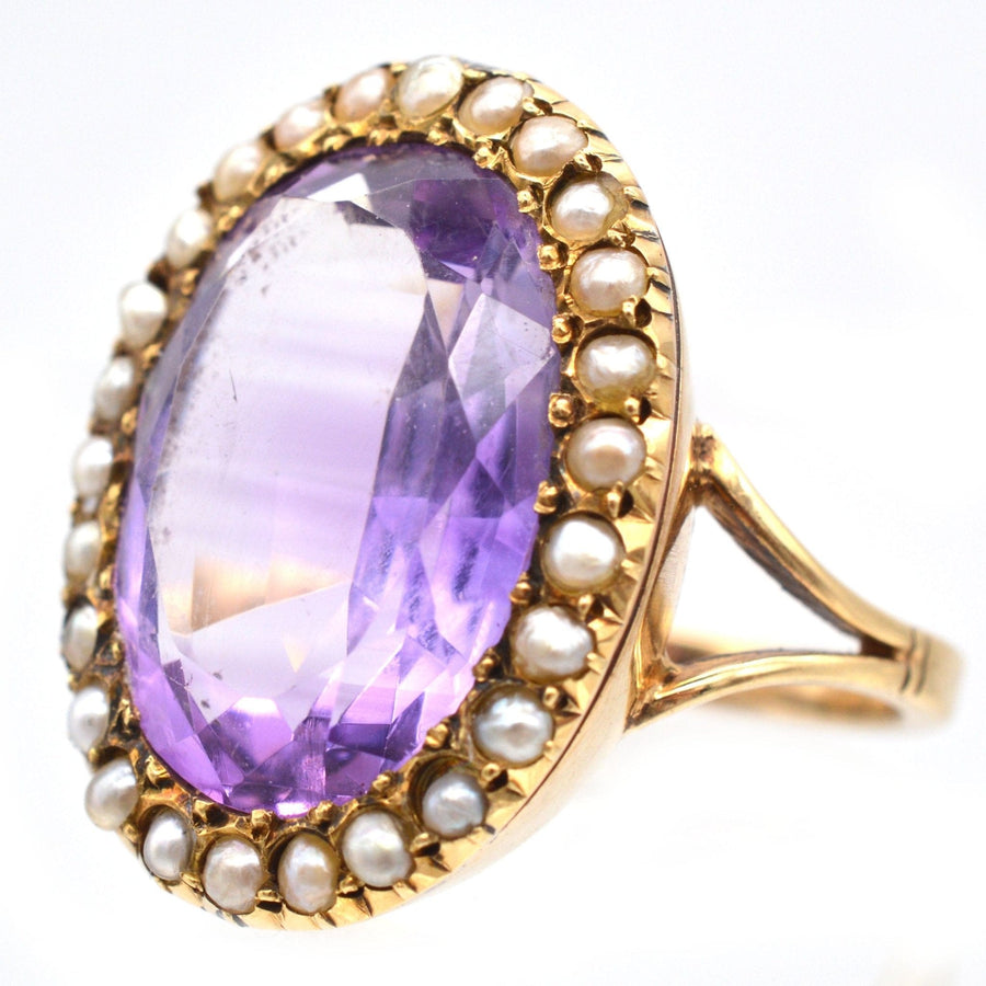 Large Edwardian 15ct Gold, Amethyst & Natural Split Pearl Cocktail Ring | Parkin and Gerrish | Antique & Vintage Jewellery