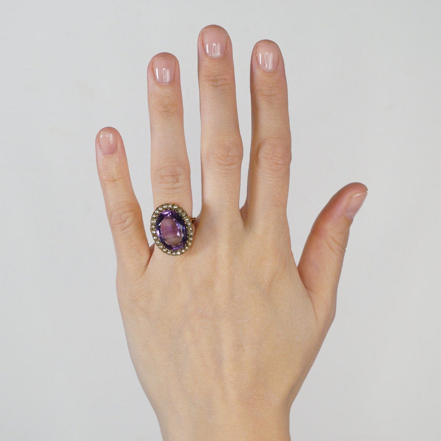 Large Edwardian 15ct Gold, Amethyst & Natural Split Pearl Cocktail Ring | Parkin and Gerrish | Antique & Vintage Jewellery