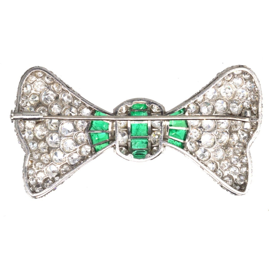 Large French Art Deco Platinum Diamond and Emerald Bow Brooch | Parkin and Gerrish | Antique & Vintage Jewellery