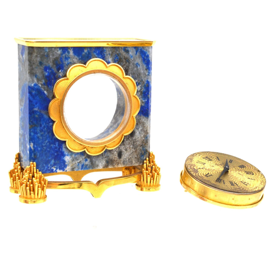 Late 1960s French 18ct Gold Lapis Lazuli Mantlepiece Clock by de Brysal in Original Case | Parkin and Gerrish | Antique & Vintage Jewellery