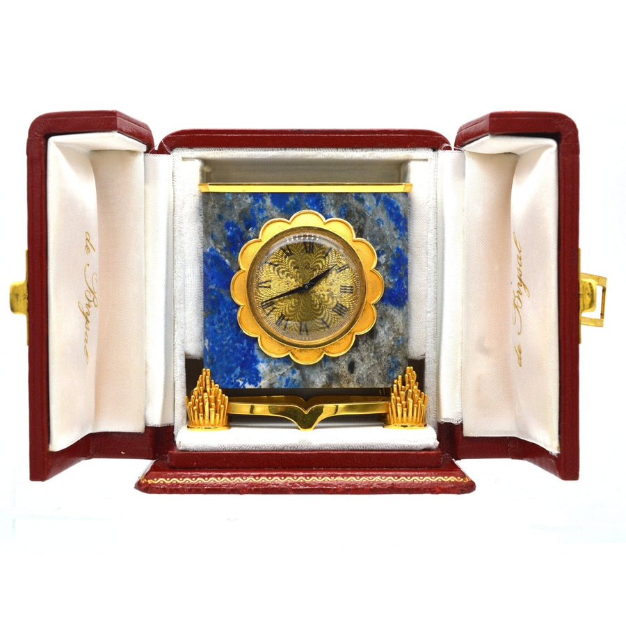 Late 1960s French 18ct Gold Lapis Lazuli Mantlepiece Clock by de Brysal in Original Case | Parkin and Gerrish | Antique & Vintage Jewellery