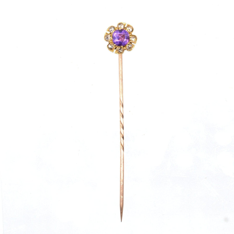 Late Victorian 15ct Gold, Amethyst and Diamond Cluster Tie Pin | Parkin and Gerrish | Antique & Vintage Jewellery