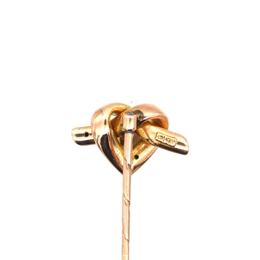 Late Victorian 15ct Gold, Lover's Knot in a Heart Motif Tie Pin with a Natural Pearl | Parkin and Gerrish | Antique & Vintage Jewellery