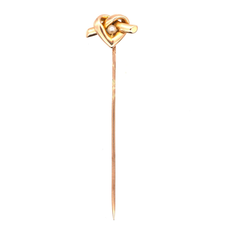 Late Victorian 15ct Gold, Lover's Knot in a Heart Motif Tie Pin with a Natural Pearl | Parkin and Gerrish | Antique & Vintage Jewellery