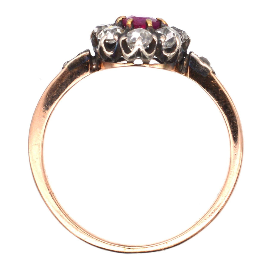Late Victorian Sliver & 15ct Rose Gold, Burma Ruby & Old Mine Cut Diamond Cluster Ring | Parkin and Gerrish | Antique & Vintage Jewellery