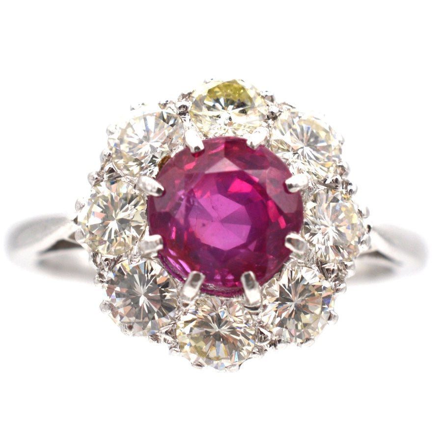 Mid 20th Century Platinum, 1.7 Carat Burma Ruby & Diamond Cluster Ring | Parkin and Gerrish | Antique & Vintage Jewellery