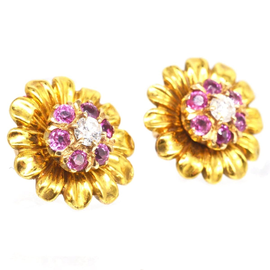 Mid Century 10ct Gold Ruby and Diamond Cluster Earrings with detachable Gold Flower Petal Jacket | Parkin and Gerrish | Antique & Vintage Jewellery