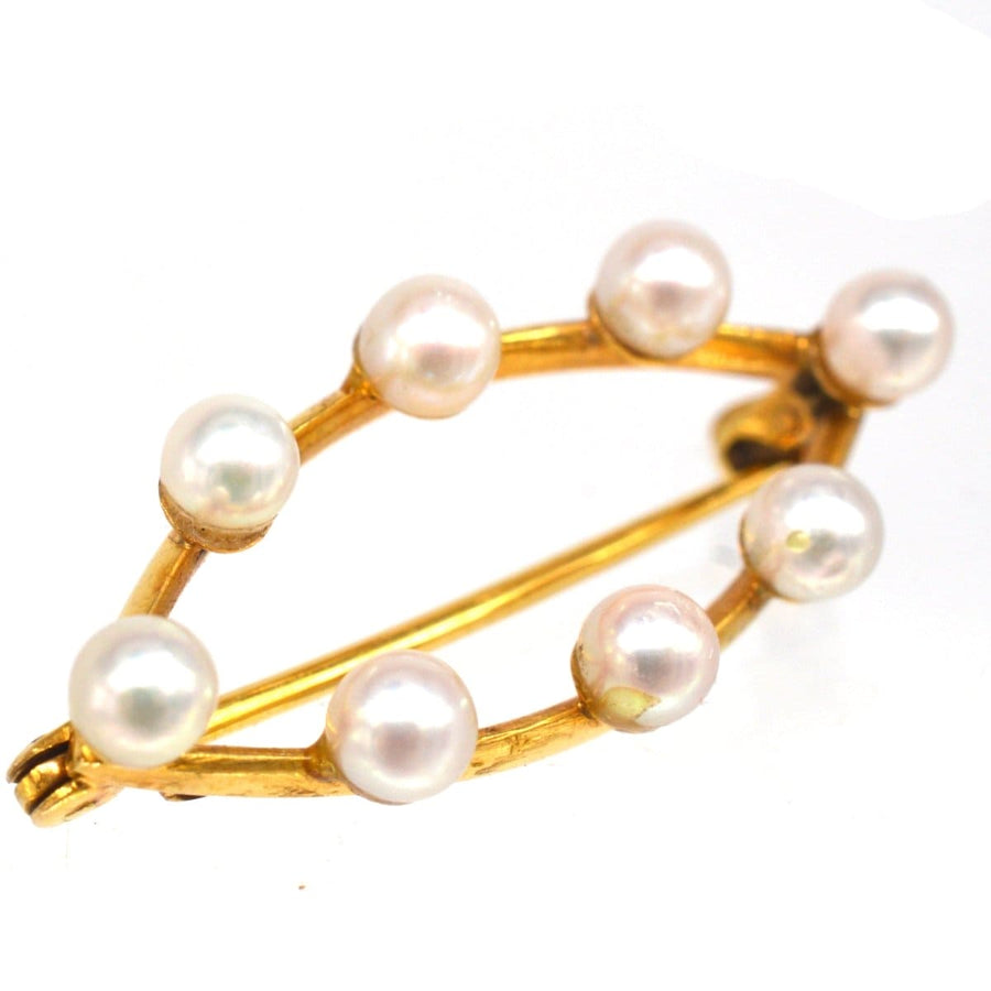 Mid Century 9ct Gold Marquise Bar Brooch With Eight Cultured Pearls | Parkin and Gerrish | Antique & Vintage Jewellery