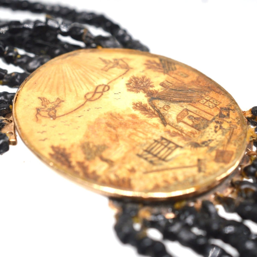 Rare Georgian 9ct Gold Clasp with Farm Agricultural Scene and Vauxhall Glass Multi-Strand Necklace. | Parkin and Gerrish | Antique & Vintage Jewellery
