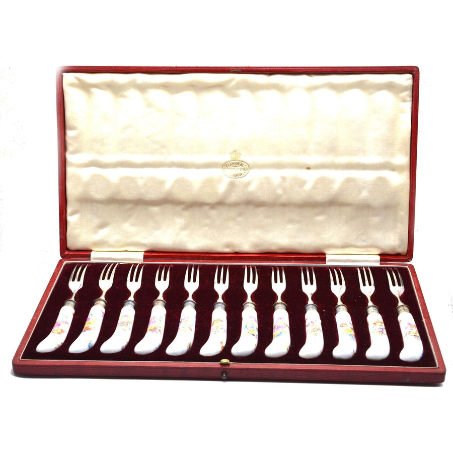 Set of 12 Late 19th Century Thomas Goode Silver Cutlery with Painted Meissen Porcelain Handles in Original Cases | Parkin and Gerrish | Antique & Vintage Jewellery