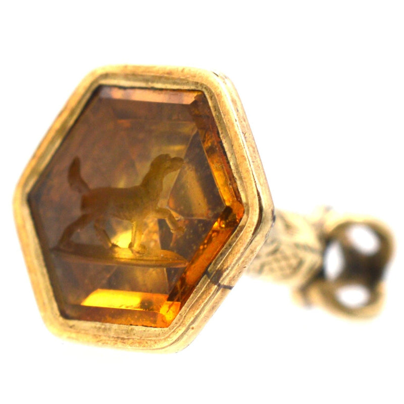 Tiny Early Victorian 9ct Gold Hexagonal Citrine Seal with an Intaglio of a Dog