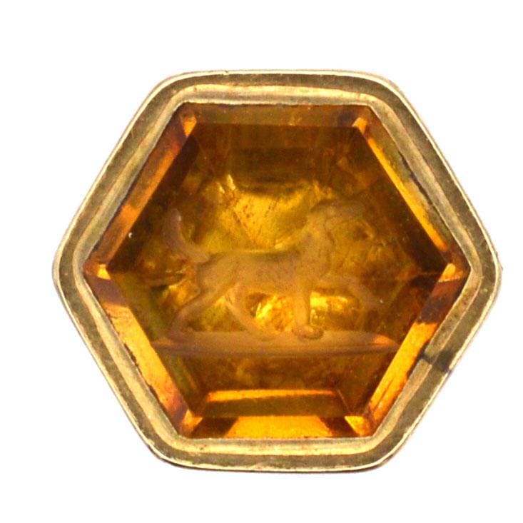 Tiny Early Victorian 9ct Gold Hexagonal Citrine Seal with an Intaglio of a Dog | Parkin and Gerrish | Antique & Vintage Jewellery