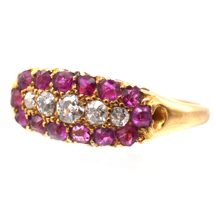 Victorian 18ct Gold, Boat Shaped Five Stone Diamond and Ruby Cluster Ring | Parkin and Gerrish | Antique & Vintage Jewellery