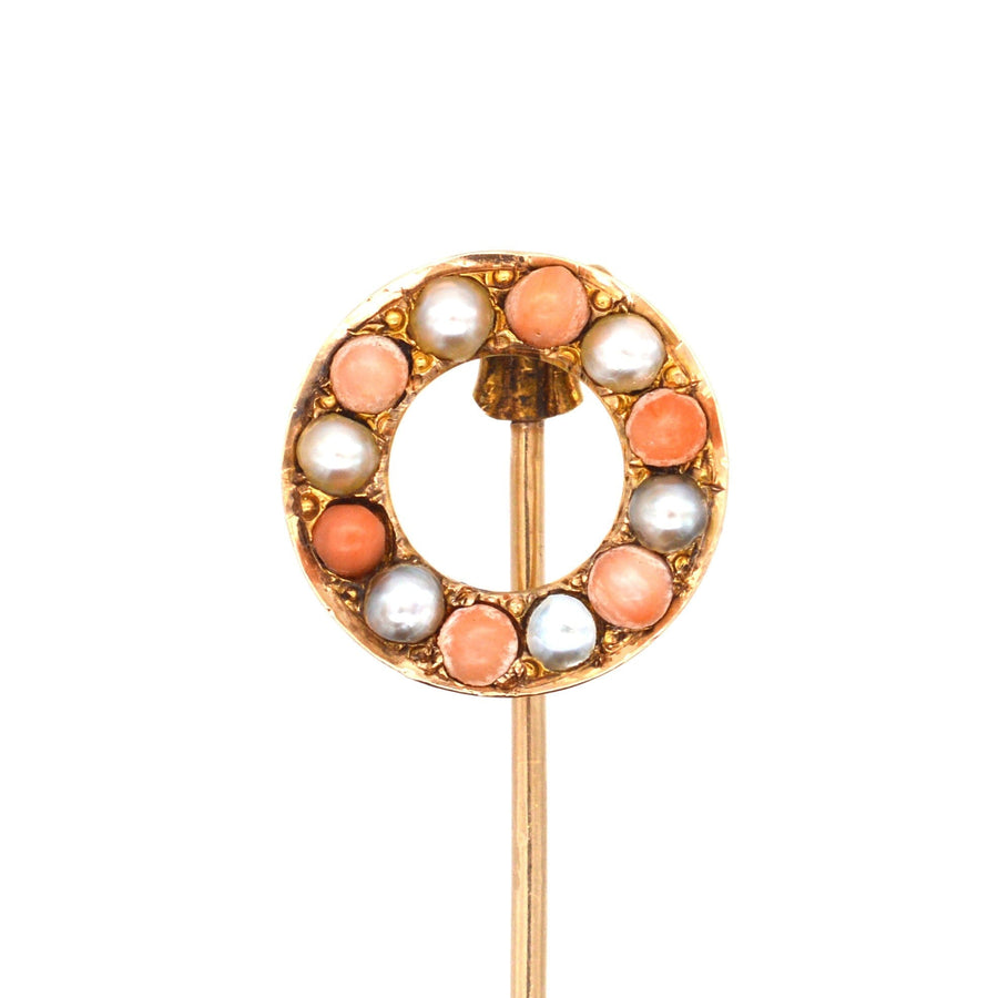 Victorian 18ct Gold, Coral & Natural Split Pearl Round Racing Finishing Post Tie Pin | Parkin and Gerrish | Antique & Vintage Jewellery