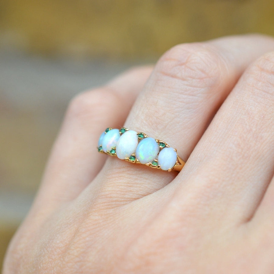 Victorian 18ct Gold, Opal & Emerald Carved Half Hoop Ring | Parkin and Gerrish | Antique & Vintage Jewellery