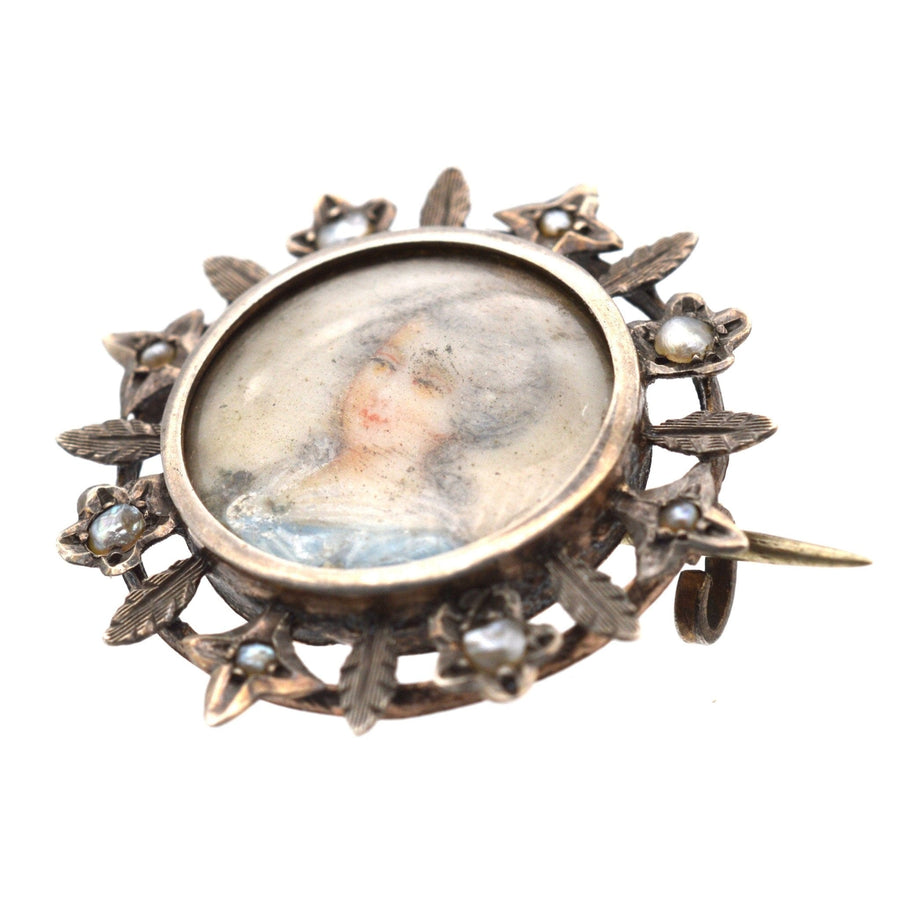 Victorian Neoclassicism Silver Gilt and Pearl Brooch with a Miniature Portrait of a Georgian Lady Brooch | Parkin and Gerrish | Antique & Vintage Jewellery