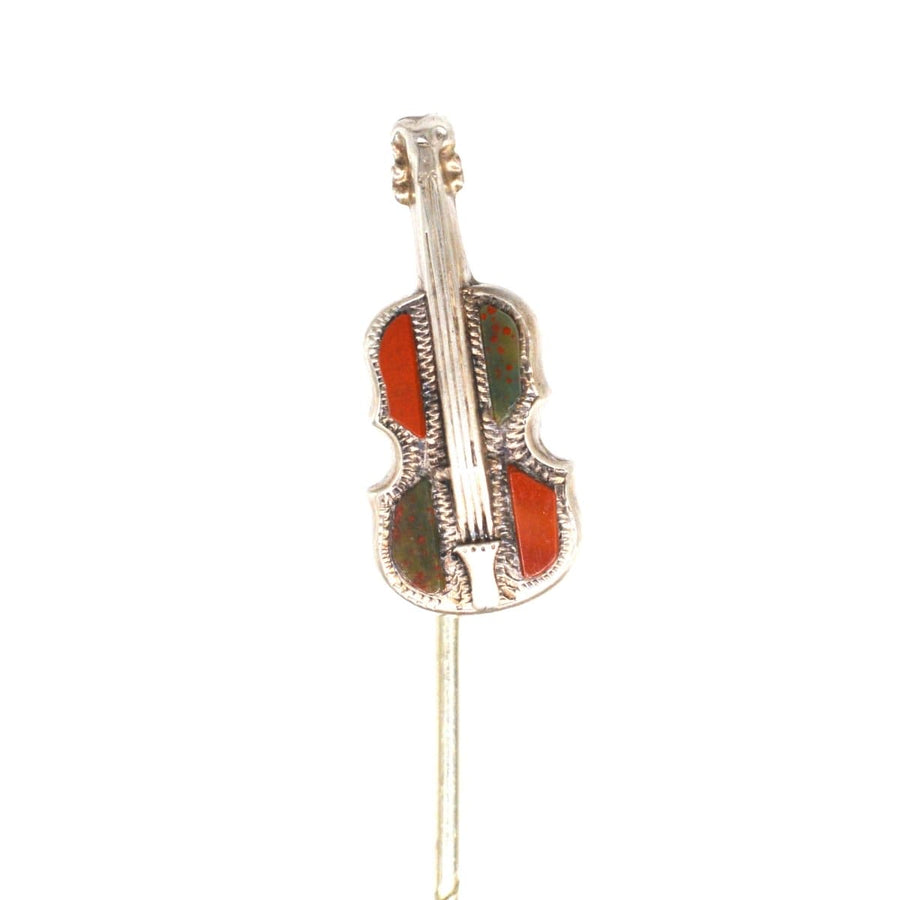 Victorian Scottish Silver Violin Tie Pin with Bloodstone and Jasper | Parkin and Gerrish | Antique & Vintage Jewellery