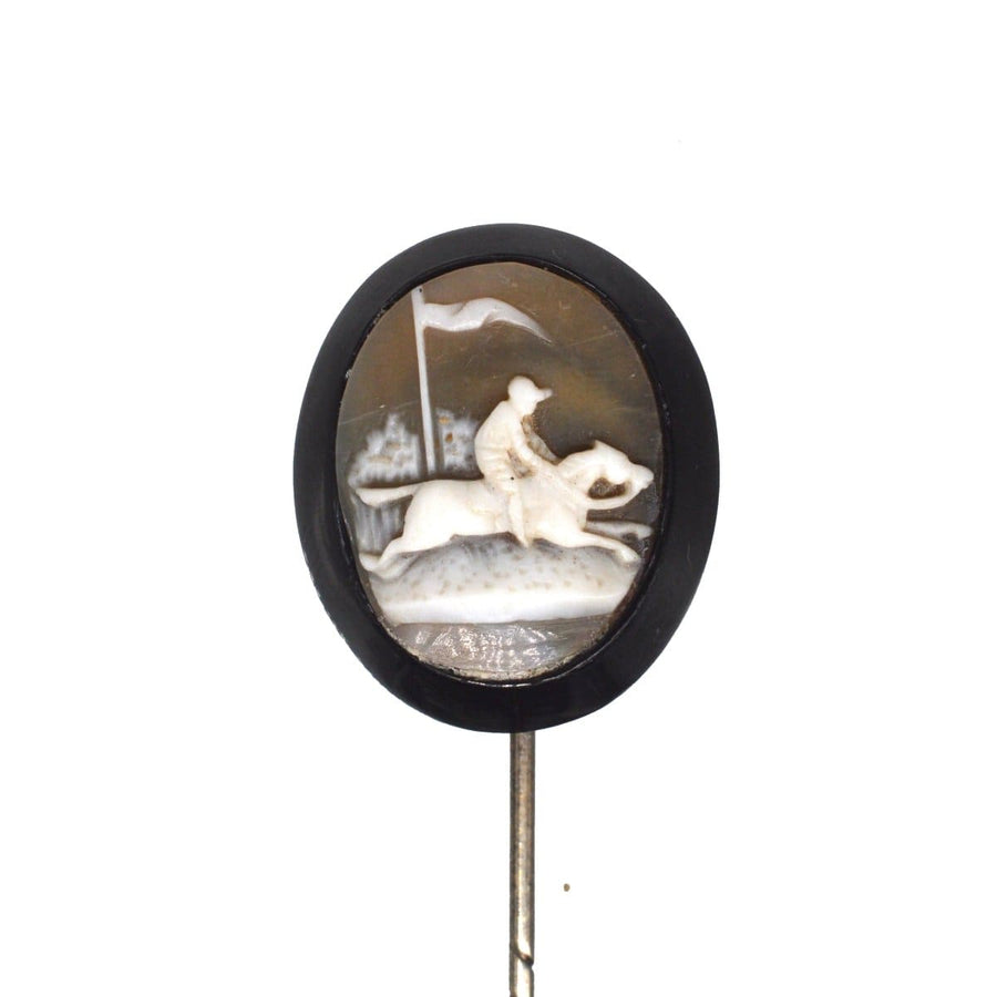 Victorian Shell Cameo & Whitby Jet Racing Horse Tie Pin | Parkin and Gerrish | Antique & Vintage Jewellery