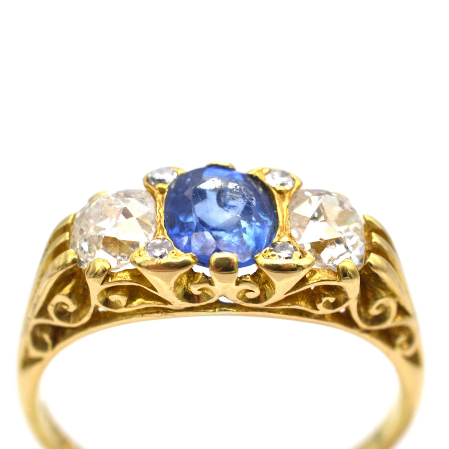 Victorian-Style 1960s 18ct Gold, Carved Half Hoop Three Stone Sapphire & Diamond Ring | Parkin and Gerrish | Antique & Vintage Jewellery
