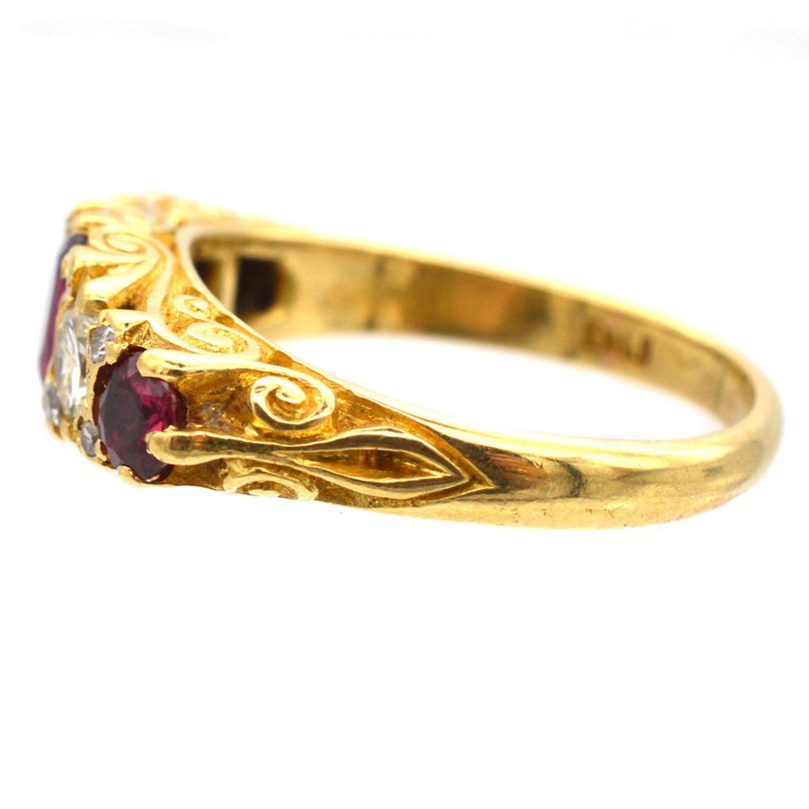 Victorian-Style 1970s 18ct Gold, Ruby Doublet & Diamond, Half Carved Hoop Ring | Parkin and Gerrish | Antique & Vintage Jewellery